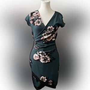 Almost Famous Women's Emerald Green Floral Print Wrap Dress, Size M